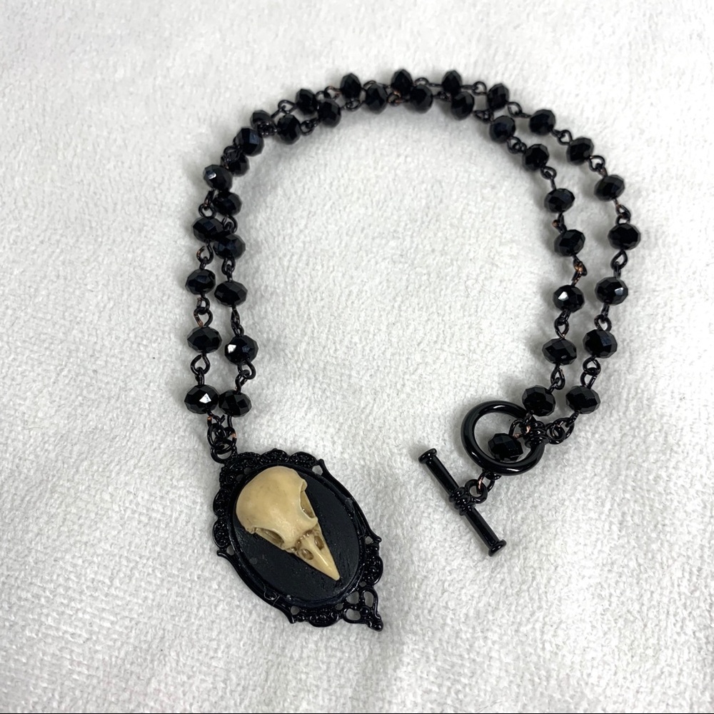 Resin Bird Skull and Black Glass Beaded Choker